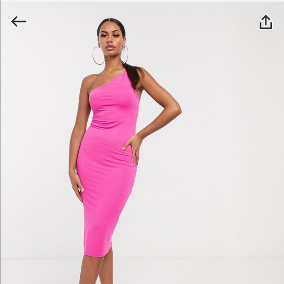 one shoulder pink midi dress